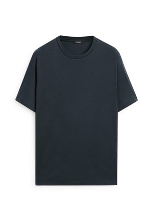 T-shirt corto a maniche corte color grigio scuro, disteso su uno sfondo bianco, mostrando il lato anteriore e l'etichetta del colletto.