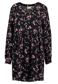 Robe noire à manches longues avec un motif floral comprenant des fleurs roses et grises, un décolleté en V et un design à étages. Texture de tissu douce.