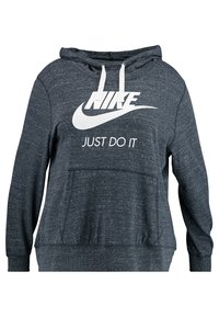 Mörkgrå hoodie i texturerad tyg. Har en framficka, snoddar och en framträdande vit Nike-logotyp med texten "JUST DO IT" under.