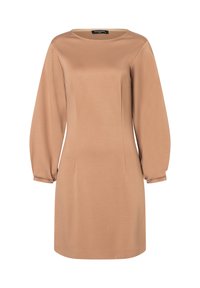 Robe marron à manches longues avec un col rond. Fabriquée en tissu lisse, elle présente une silhouette ajustée, avec de légères manches ballon et des coutures latérales.