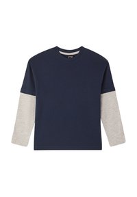 Maglietta a maniche lunghe blu navy con maniche grigie chiare, colletto rotondo e tessuto morbido, caratterizzata da un design semplice senza motivi o dettagli.