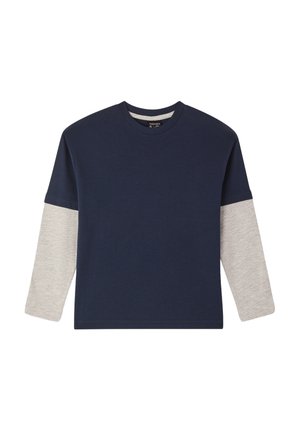 Maglietta a maniche lunghe blu navy con maniche grigie chiare, colletto rotondo e tessuto morbido, caratterizzata da un design semplice senza motivi o dettagli.