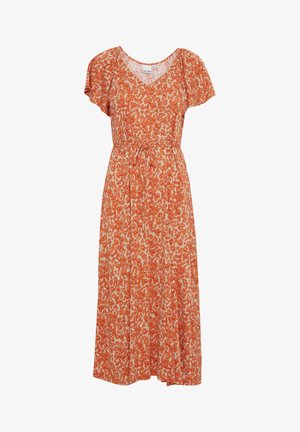 Robe midi fleurie orange avec des manches courtes volantées, un décolleté en V et une taille nouée, présentant un tissu léger et un motif abstrait intégral.