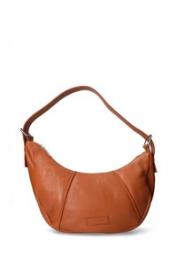 Borsa a tracolla in pelle color cuoio con forma curva, dotata di chiusura con zip, tracolla piatta e dettagli di pannelli cuciti.
