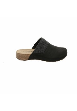 Black suede clogs with a gray felt accent. Cork sole with a textured finish. Open back design for easy wear.