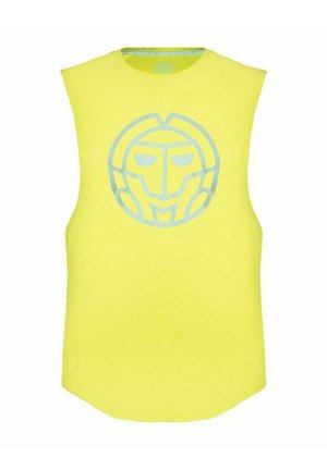 Top amarillo sin mangas con un diseño geométrico de un rostro en azul claro centrado en el pecho.