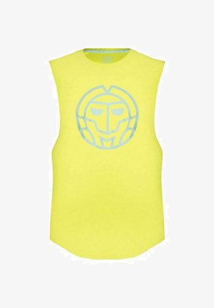 Top amarillo sin mangas con un diseño geométrico de un rostro en azul claro centrado en el pecho.