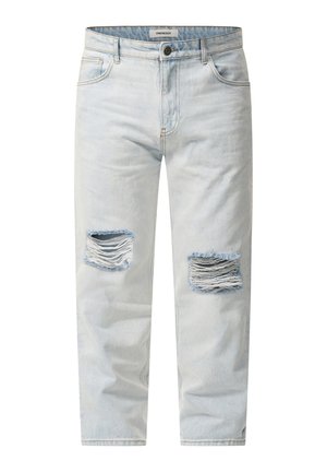 Light blue ripped jeans made of denim, featuring two distressed knee patches, straight-leg cut, and visible stitching details.