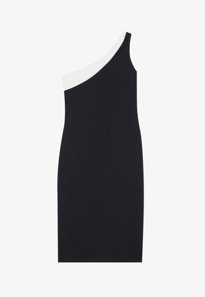 Asymmetrisk kjole med en svart kropp og en hvit skulderpanel. Laget av et glatt stoff med en tettsittende silhuett. Ingen synlig maskinvare.