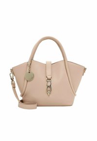 Borsa in pelle rosa chiaro con una forma strutturata, doppio manico e una tracolla removibile. Presenta un accento metallico e una chiusura a scatto.