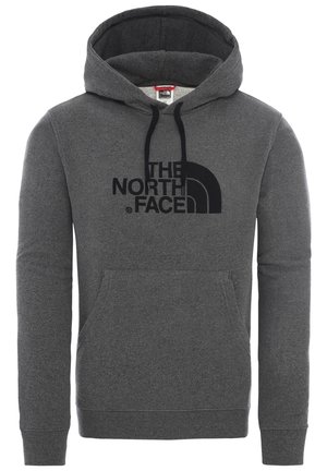 Sweat à capuche gris foncé avec poche avant et logo noir "The North Face" centré sur la poitrine.