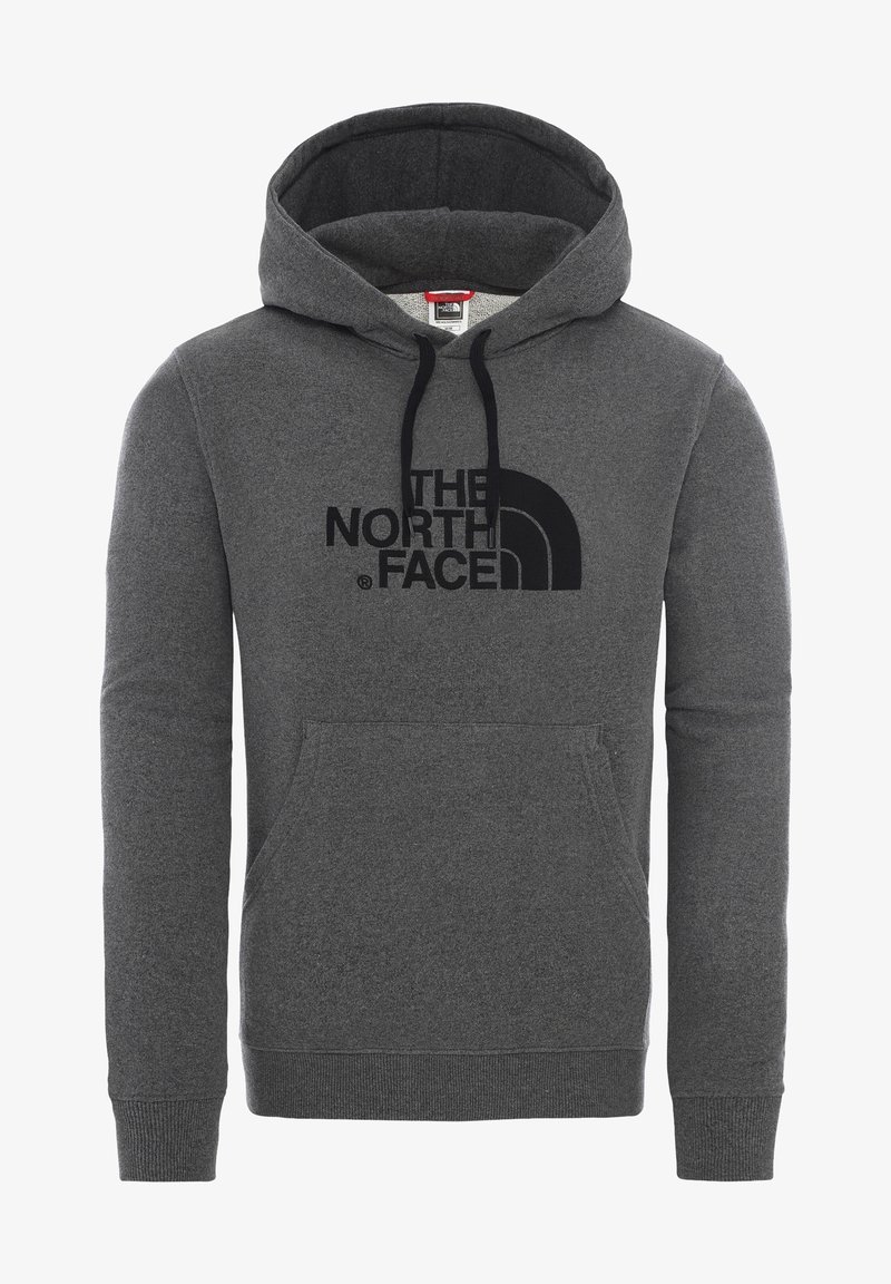 Sweat à capuche gris foncé avec poche avant et logo noir "The North Face" centré sur la poitrine.