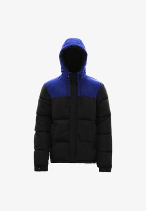 Kurtka puchowa z kapturem, z niebieską górą i czarnym dołem. Wykonana z błyszczącego materiału, z pikowanym wzorem i przednimi kieszeniami na zamek błyskawiczny.