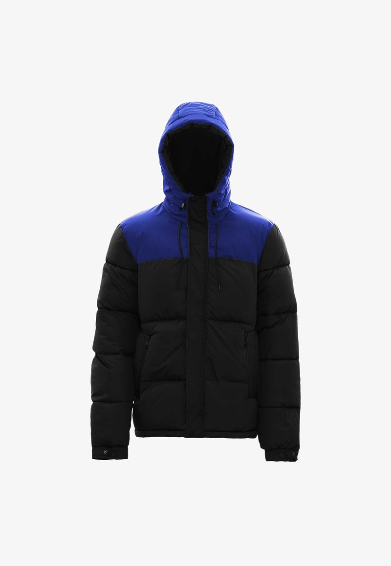 Pufjakke med hætte, i blå toppen og sort bund. Lavet af shiny stof, quiltet design og forreste lynlåslommer.