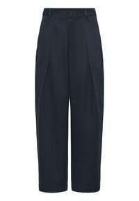 Pantalon large taille haute bleu marine avec passants de ceinture, plis devant, poches latérales et ourlet droit.