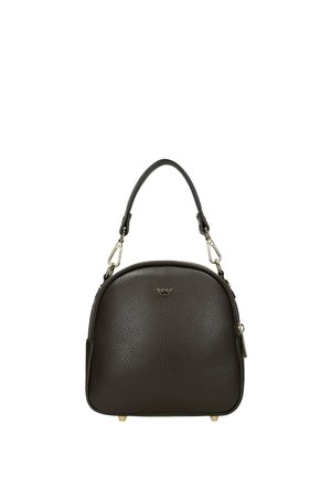 Sac à main en cuir marron foncé texturé avec une anse supérieure, des ferrures dorées et un petit emblème de logo au centre avant.