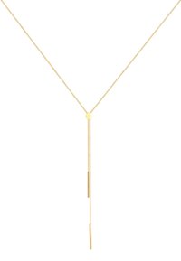 Guld-tone halskæde med en central rund vedhæng og to hængende stænger. Har en delikat kæde og minimalistisk design.