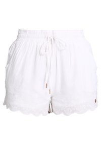 Pantaloni corti bianchi in cotone con orlo smerlato, caratterizzati da motivi floreali ricamati e vita con cordoncino e dettagli dorati.