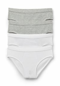 Trois paires de sous-vêtements : deux en mélange de coton gris en haut, une en coton blanc en bas. Chaque paire présente une large ceinture et une texture douce.