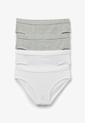 Tre paia di mutande: due in misto cotone grigio sopra, una in cotone bianco sotto. Ogni paio presenta un cinturino largo e una texture morbida.