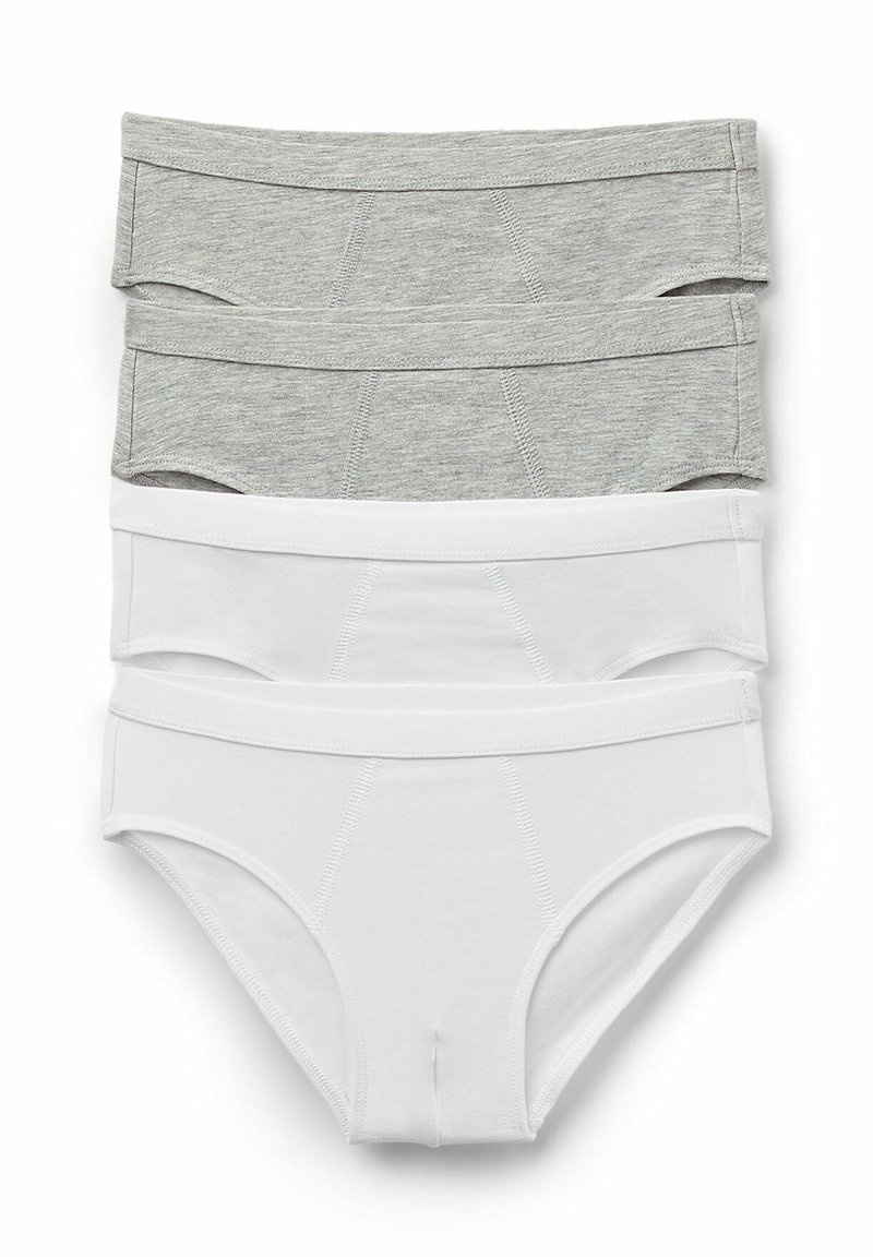 Trois paires de sous-vêtements : deux en mélange de coton gris en haut, une en coton blanc en bas. Chaque paire présente une large ceinture et une texture douce.