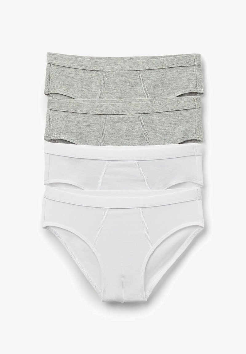 Trzy pary bielizny: dwie szare z mieszanki bawełny u góry, jedna biała bawełniana na dole. Każda para ma szeroki pas i miękką fakturę.