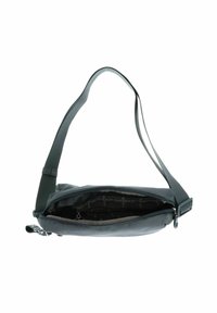 Borsa a tracolla grigia realizzata in tessuto testurizzato; presenta un'unica tracolla lunga, chiusura con zip e un motivo di branding interno; design compatto e minimal.