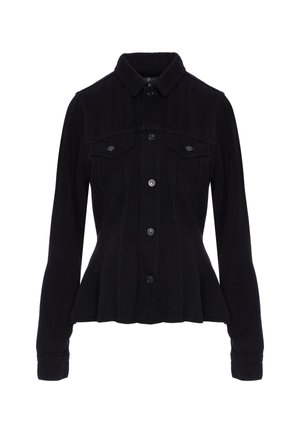 Giubbotto in denim nero con una vestibilità strutturata, maniche lunghe, doppie tasche sul petto, chiusura a bottoni e tessuto leggermente strutturato.