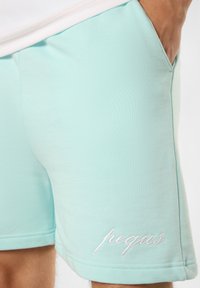 Muntgroene shorts van zachte stof, met zijzakken en een geborduurd logo in het wit. Gladde textuur met een relaxte pasvorm.