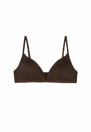 Bruine draadloze bh met driehoekige cups, verstelbare banden en een naadloos ontwerp. Gemaakt van gladde stof, met een eenvoudige haaksluiting.