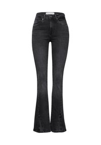 Jeans acampanados negros hechos de denim, con una cintura alta, bolsillos frontales y detalles de abertura en el dobladillo para un ajuste a medida.