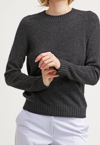 Ciemnoszary sweter dzianinowy z okrągłym dekoltem, prążkowanymi mankietami i dołem. Gładka tekstura z delikatnymi detalami ściegów, w zestawieniu z jasnymi spodniami.