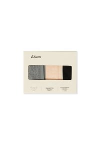 Pack de trois culottes en coton mélangé à côtes en gris, beige et noir présentées dans un emballage rectangulaire couleur crème.