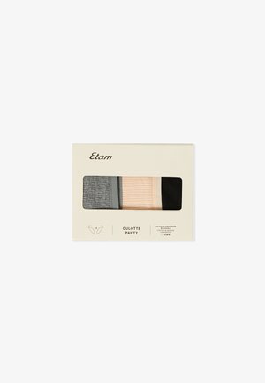 Pack de trois culottes en coton mélangé à côtes en gris, beige et noir présentées dans un emballage rectangulaire couleur crème.