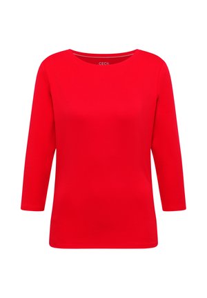 Rød langærmet kvindebluse med rund halsudskæring, enkelt design og tætsiddende snit.