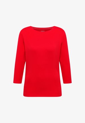 Rød langærmet kvindebluse med rund halsudskæring, enkelt design og tætsiddende snit.