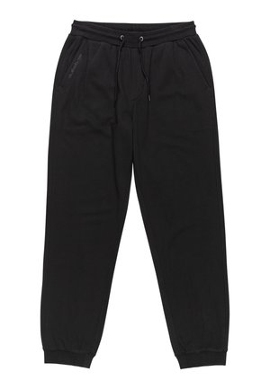 Black cotton jogger pants featuring an elastic waistband with drawstring, side pockets, and ribbed cuffs at the ankles.