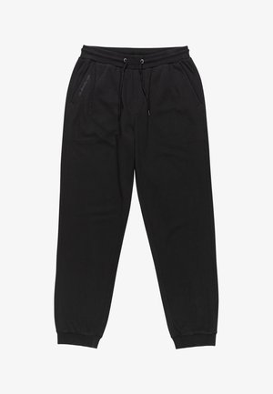 Pantalones tipo jogger de algodón negro que cuentan con una cinturilla elástica con cordón, bolsillos laterales y puños de canalé en los tobillos.