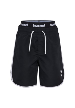 Schwarze Sportshorts mit weißem Kordelzug, weißen Seitenstreifen und "hummel"-Logo am Bund und am Beinabschluss.