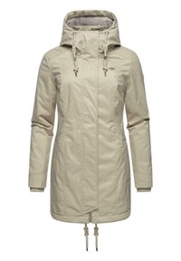 Beige waterdichte jas met een ritssluiting aan de voorkant, een verstelbare capuchon en elastische manchetten. Gladde textuur en subtiele stikseldetails.