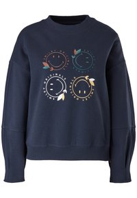 Mörkblå sweatshirt med rundad halsringning, oversize passform och fyra smiley face-grafik i olika färger med bladaccent.