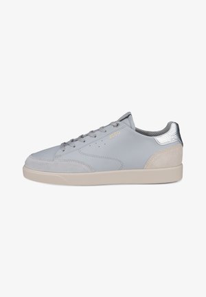 Light grey leather sneakers with subtle suede accents, soft-textured lining, and a cream sole. Includes metallic heel detail and minimalistic design.