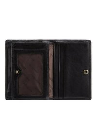 Portefeuille en cuir noir avec une texture lisse, plusieurs emplacements pour cartes, une fenêtre pour identification et une fermeture à pression. Intérieur doublé de tissu de marque.
