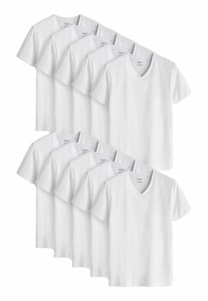 White v-neck t-shirts in a pack of ten. Made of soft cotton, featuring short sleeves and a plain, smooth texture.