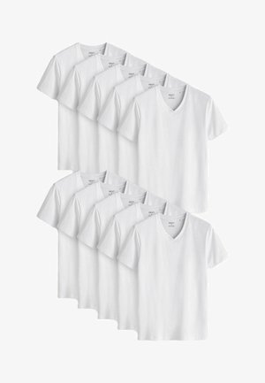 Vita v-ringade t-shirts i ett paket med tio. Tillverkade av mjuk bomull, med korta ärmar och en enkel, slät yta.