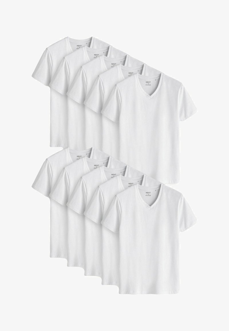 White v-neck t-shirts in a pack of ten. Made of soft cotton, featuring short sleeves and a plain, smooth texture.