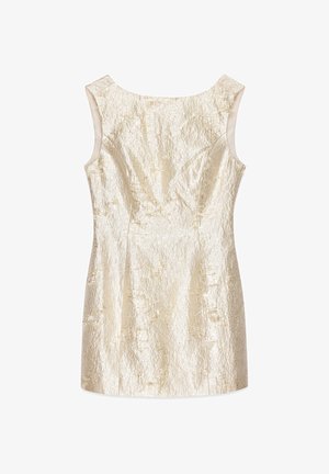 Sukienka bez rękawów w metalicznej złotej tkaninie o teksturowanej powierzchni, z okrągłym dekoltem i wyprofilowanymi szwami, co nadaje jej dopasowany kształt.