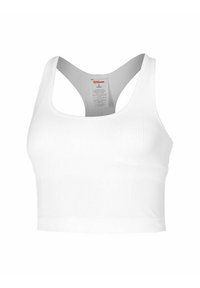 Top corto blanco con textura acanalada, tirantes anchos y escote redondo. Presenta un acabado limpio en el dobladillo y una etiqueta en la parte interna de la espalda.