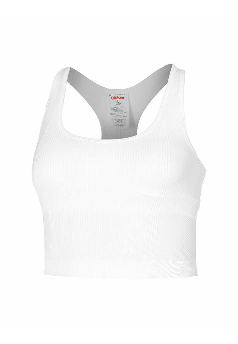 Top corto blanco con textura acanalada, tirantes anchos y escote redondo. Presenta un acabado limpio en el dobladillo y una etiqueta en la parte interna de la espalda.
