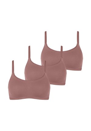 Drie bruine naadloze bralettes met verstelbare schouderbanden en een ronde halslijn, gemaakt van zachte stretchstof voor comfort.